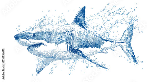 Majestic Great White Shark with Water Splashes on Isolated Background