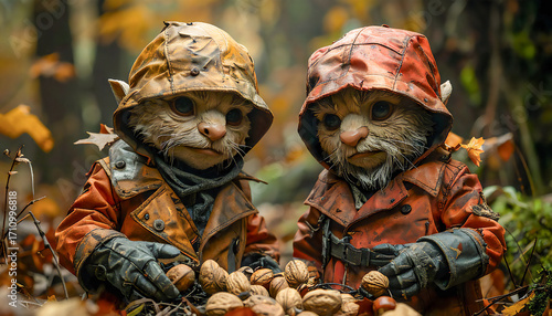 Strohpuppen mit strengem Gesichtsausdruck, alten Regenkappen auf dem Kopf und Trenchcoats sammeln Nüsse  im Wald