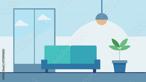 Airport Tranquility Corner A minimalist illustration of a serene section in an airport with soft seating a potted plant and a calming ambient light fixture hanging above.