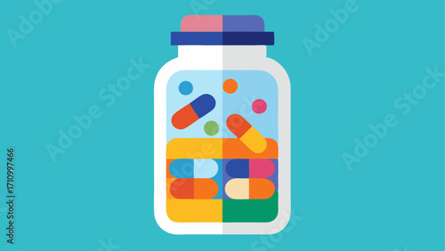 Capsule Container A clear bottle filled with colorful capsules showcasing the vibrant colors of the antiaging exosome supplements with a label that highlights AntiAging Formula.
