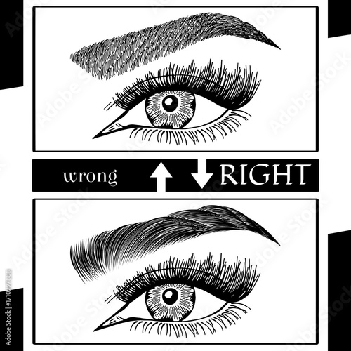 Illustration with woman's eyes, eyelashes and eyebrows. Makeup Look. Tattoo design. Logo for brow bar or lash salon. Wrong and right coloring care. Set of well-groomed and shaggy eyebrows.