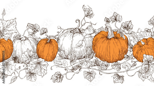 Hand Drawn Doodle Border with Pumpkins and Vines