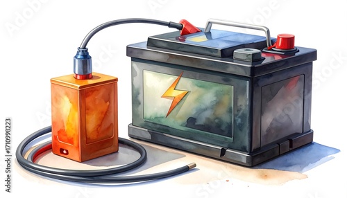 Vibrant illustration of a car battery being charged by a smaller, orange battery box, connected by detailed cables.