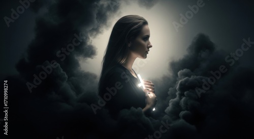 Woman holding glowing cross in her hands, surrounded by dark smoke. Concept of christianity, fighting evil, and faith in darkness.