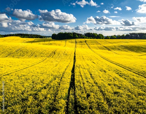 Vast yellow field under a partly cloudy sky