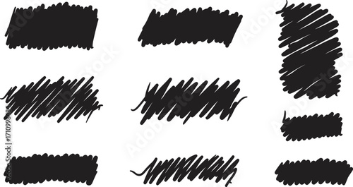 Collection of various black scribble shapes and textures on transparent background