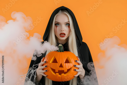 Surprised Woman in Black Hooded Costume Holding Carved Pumpkin Jack-o’-Lantern with Cobwebs, Halloween Portrait on Bright Orange Background.
