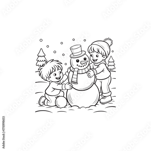 Two children building a snowman in a winter scene.A black and white illustration shows two children happily building a snowman.