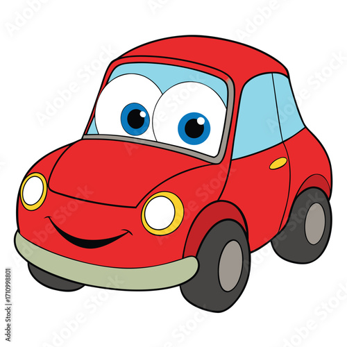 Cute cartoon red car with big blue eyes and smiling face Keywords: car, automobile, vehicle, cartoon, cute