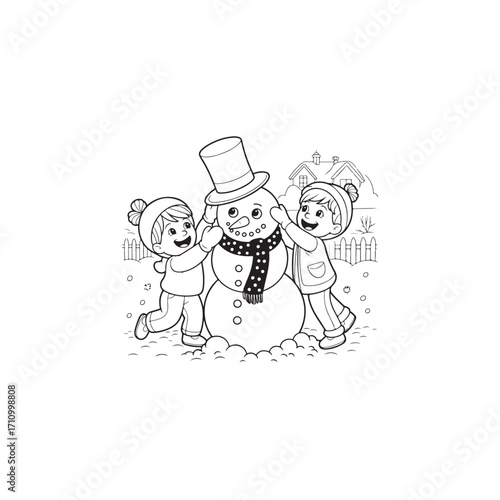Two children building a snowman in a winter scene.A black and white illustration shows two children happily building a snowman.