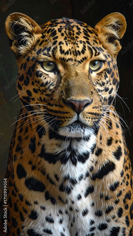 Naklejka premium Close-up portrait of a leopard, showcasing its intricate spotted coat and intense gaze.