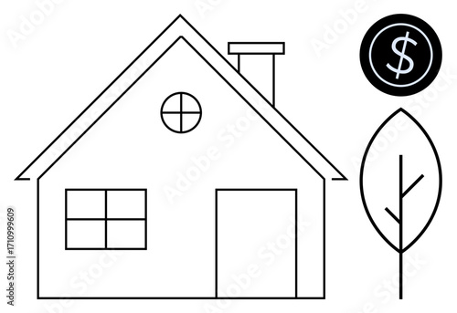 House outline with a circular window, rectangular door, tree, and coin with a dollar sign. Ideal for green energy, eco-living, real estate, sustainability, savings environment financial planning