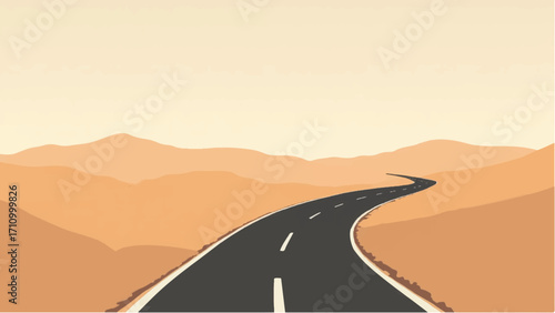 Road passing through a desert. Road and desert landscape. Illustration of a desert road. 
