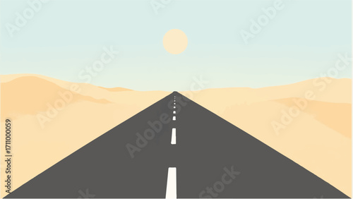 Road passing through a desert. Road and desert landscape. Illustration of a desert road. 