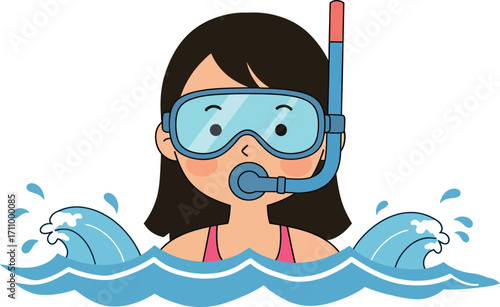 Illustration of a girl wearing goggles and a snorkel, swimming among the waves, isolated on white background