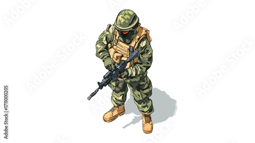 Isometric Soldier in Camouflage Holding Weapon