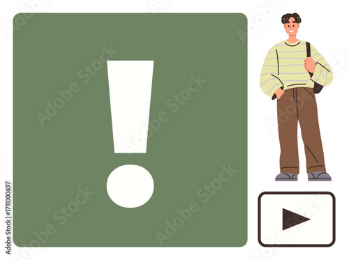 Confident person, bold exclamation mark on colored square, play button icon. Ideal for action, urgency, decision-making, awareness, youth motivation modern design. Simple flat metaphor