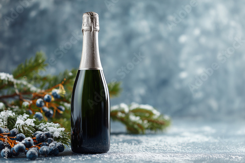 Champagne bottle with winter pine branches and berries on frosty background