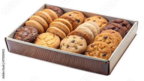 An assortment of freshly baked cookies in a box isolated on transparent background, showcasing a variety of flavors and textures for any occasion