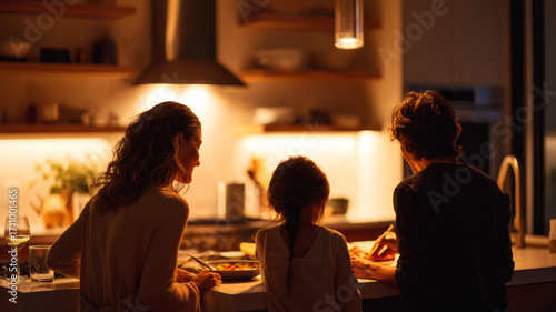 Family enjoying quality time together in a cozy kitchen, preparing a meal with warm lighting, showcasing love, connection, and togetherness in a modern home environment