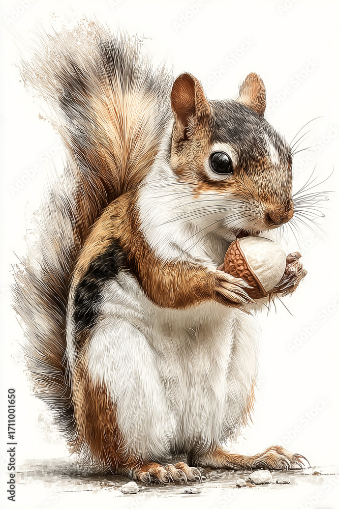 Obraz premium Cute hand-drawn squirrel illustration, holding an acorn, isolated on white background.