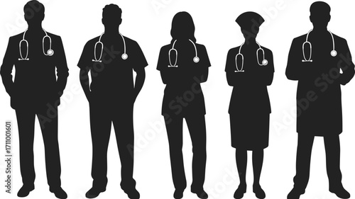 Silhouette of doctors and nurses wearing stethoscopes, healthcare professionals standing together, medical team illustration, hospital staff, medicine, health service