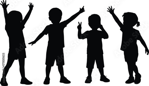 Silhouette of happy children standing together with raised hands, playful kids group, childhood fun, friendship, joy, freedom, outdoor activity illustration