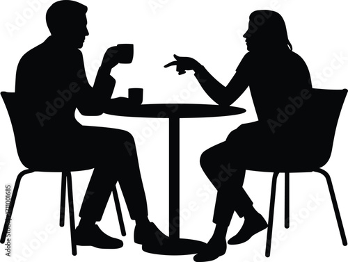 Silhouette of man and woman sitting at table drinking coffee and talking, casual meeting, discussion concept, business or friendship communication
