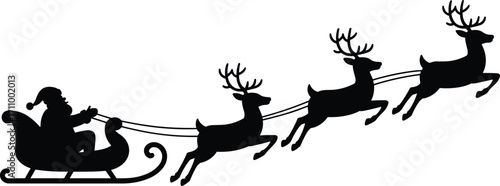 Silhouette of Santa Claus riding sleigh with flying reindeer, Christmas holiday illustration, festive winter design element for decoration
