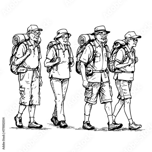 Active elderly hiking group in vintage sketch style  