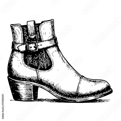 Vintage sketch of ankle boots in side view  