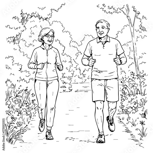 Active seniors jogging together in a scenic park setting  
