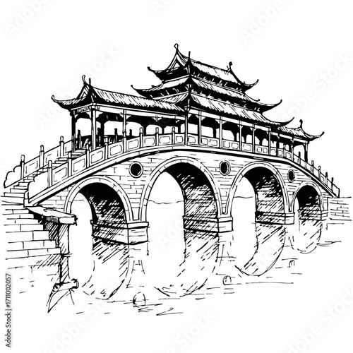 Ancient Chinese bridge vintage sketch in detailed line art  