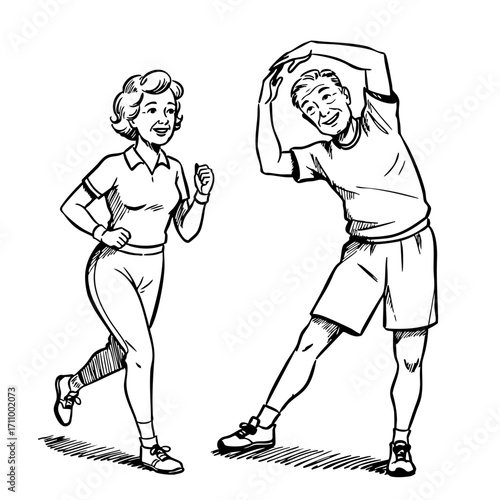 Active seniors exercising outdoors in a vintage sketch style  