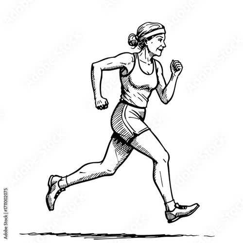 Active elderly woman jogging in a vintage sketch style  
