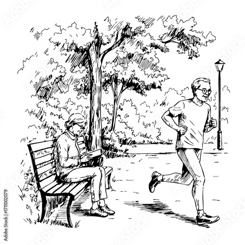 Active seniors exercising and reading in a park sketch  