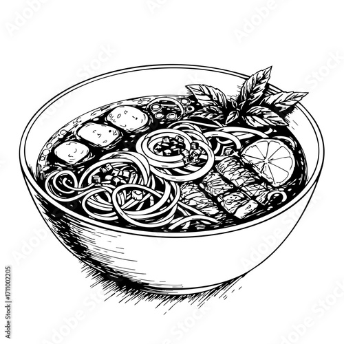 Vintage sketch of a bowl of pho soup with herbs and lime  