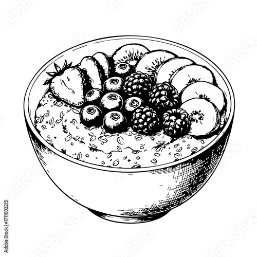 Vintage sketch of a bowl of oatmeal topped with fresh fruit  