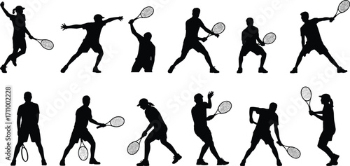 Silhouette of tennis players in different action poses with rackets, sports illustration, athletes training, competition, fitness, exercise, game concept