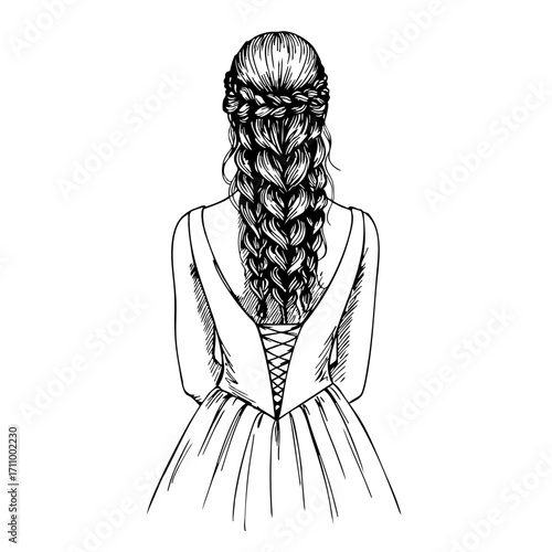 Young woman with braided hair wearing a dress in a vintage sketch  