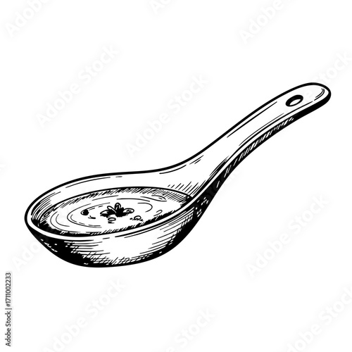 Vintage sketch of a ceramic spoon with soup in detailed illustration  