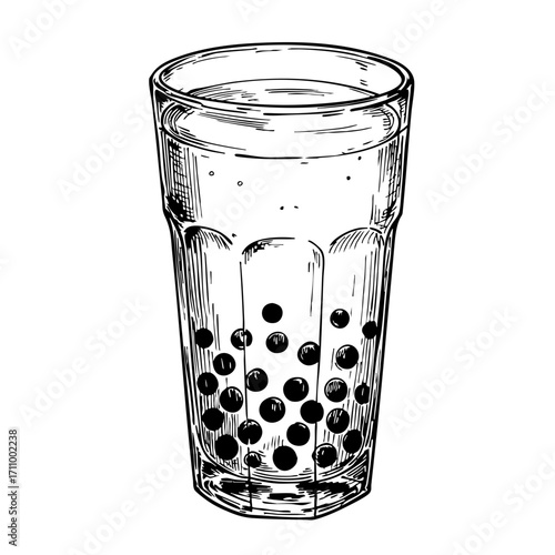 Vintage sketch of a glass filled with bubble tea and tapioca pearls  