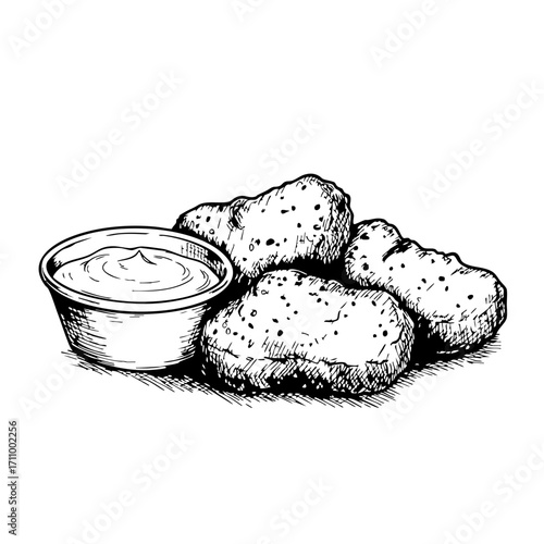 Vintage sketch of chicken nuggets with dip on a white background  