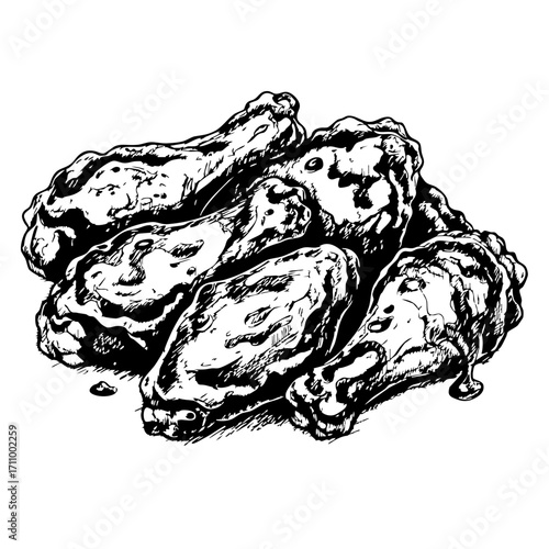 Vintage sketch of chicken wings with sauce on a white background  