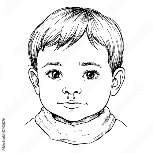 Child with runny nose in a vintage sketch style  