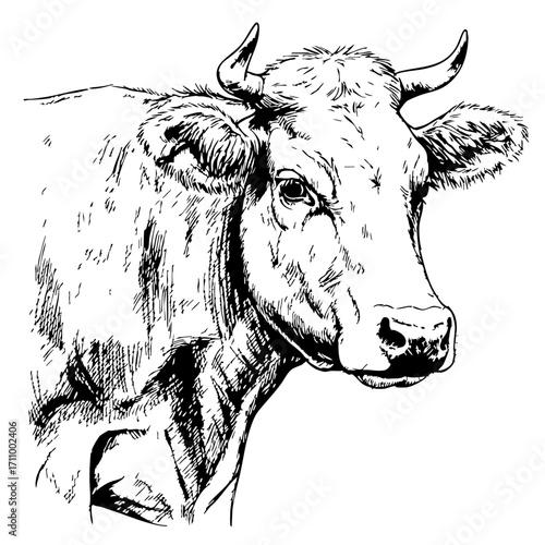 Dairy cow vintage sketch with detailed features and expression  