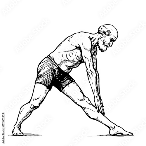 Elderly man stretching with a vintage sketch style  