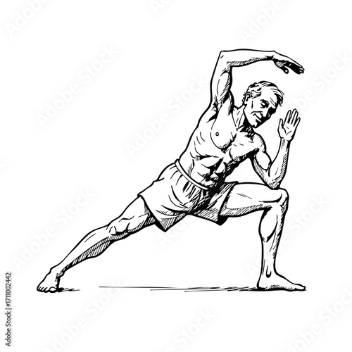Elderly man stretching in a vintage sketch style  