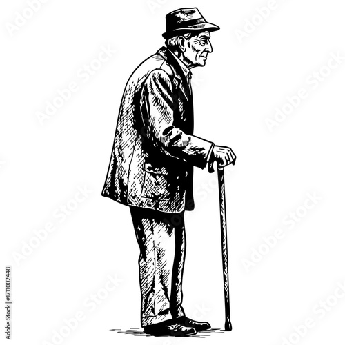 Elderly man standing with cane in vintage sketch style  