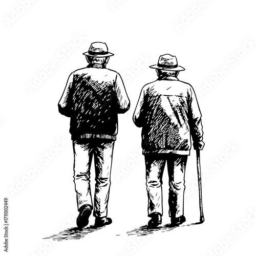 Two elderly friends walking together in a vintage sketch style  